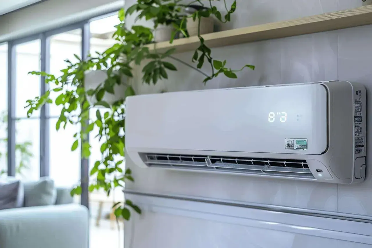 Un climatiseur split blanc, orné de plantes vertes retombantes, diffuse une fraîcheur bienvenue dans un salon moderne.