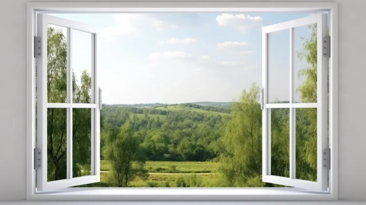 Vue d'une campagne verdoyante à travers une fenêtre à l'anglaise ouverte. Le soleil brille sur les collines et les arbres.