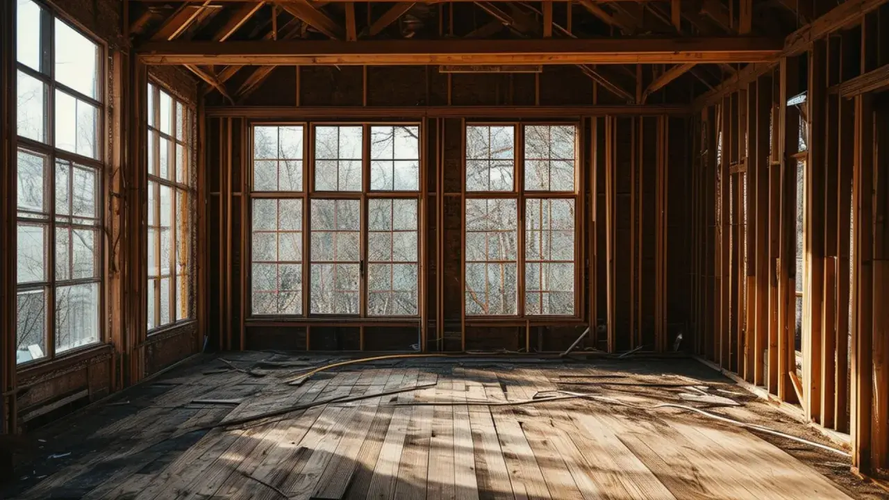 Intérieur d'une maison en construction, avec une **structure bois** apparente, de grandes fenêtres donnant sur une forêt d'arbres nus.