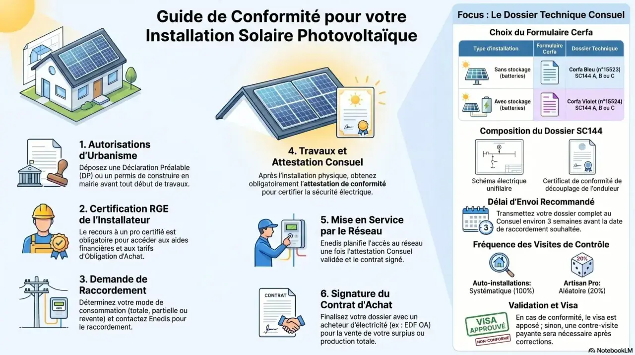 Guide pour l'installation solaire photovoltaïque, étapes clés et documents nécessaires. Ce guide assure la défense consommateur panneaux photovoltaïques.