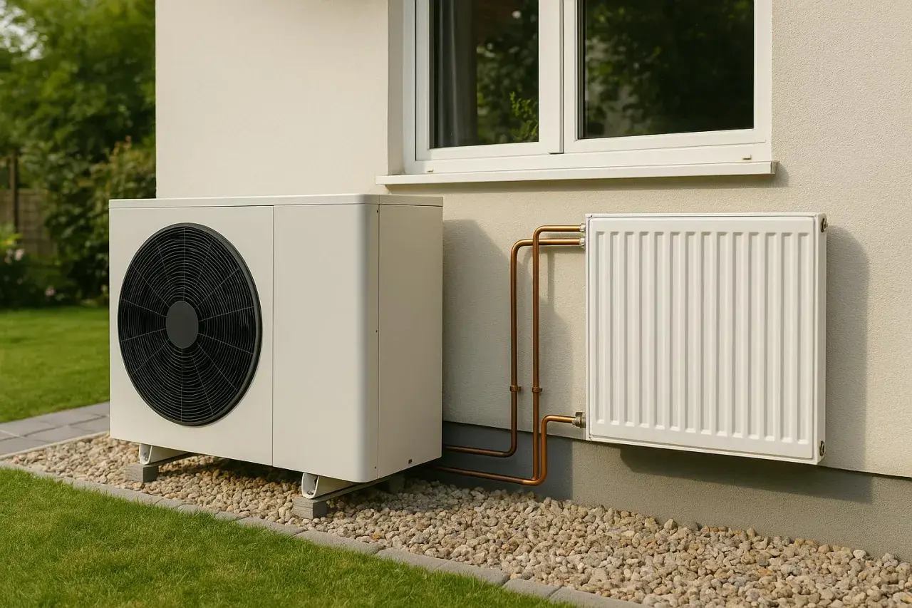 Unité extérieure d'une pompe à chaleur haute température, connectée à un radiateur blanc par des tuyaux en cuivre.
