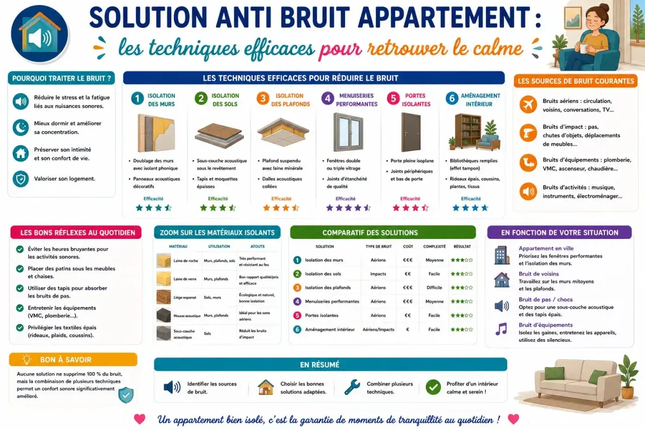 Les techniques efficaces pour l'isolation phonique d'un appartement : murs, sols, plafonds, portes, fenêtres et aménagement intérieur.