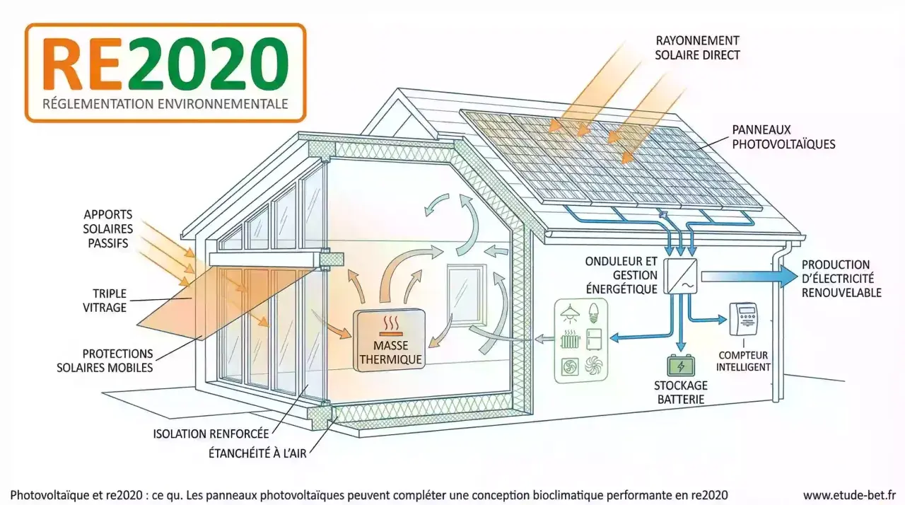 Maison RE2020 : panneaux photovoltaïques en silicium sur le toit, gestion énergétique, stockage batterie, isolation renforcée, apports solaires passifs.