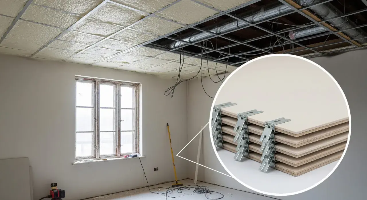 Travaux de rénovation d'un appartement : pose de l'isolation du plafond avec des panneaux et fixation du faux plafond. Gros plan sur les clips de fixation.