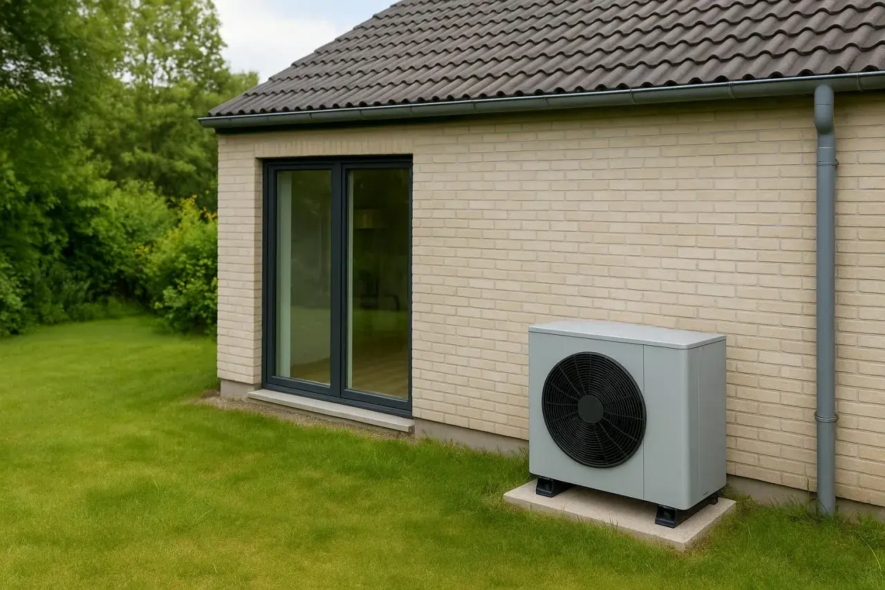 Une pompe à chaleur basse température, discrète et moderne, est installée à côté d'une maison en briques claires, sur une pelouse verte.