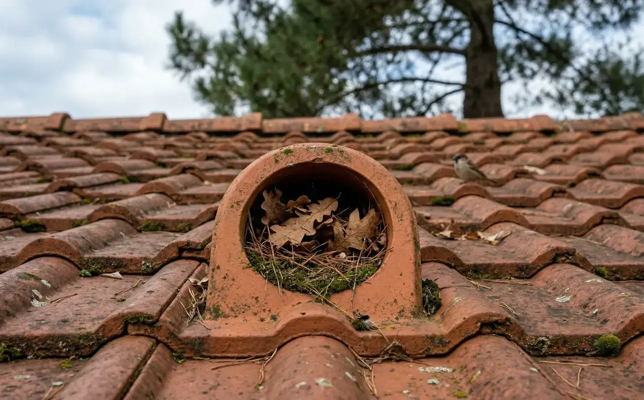 Un moineau sur un toit de tuiles rouges, près d'une chatière de toiture remplie de feuilles. La réglementation sur les chatières de toiture est importante pour la sécurité.