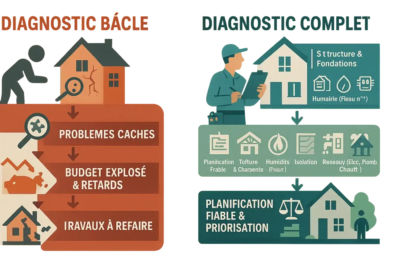 Diagnostic bâclé vs. complet pour une rénovation maison de maître. Le premier mène à des problèmes cachés, budget explosé et travaux à refaire. Le second assure une planification fiable.