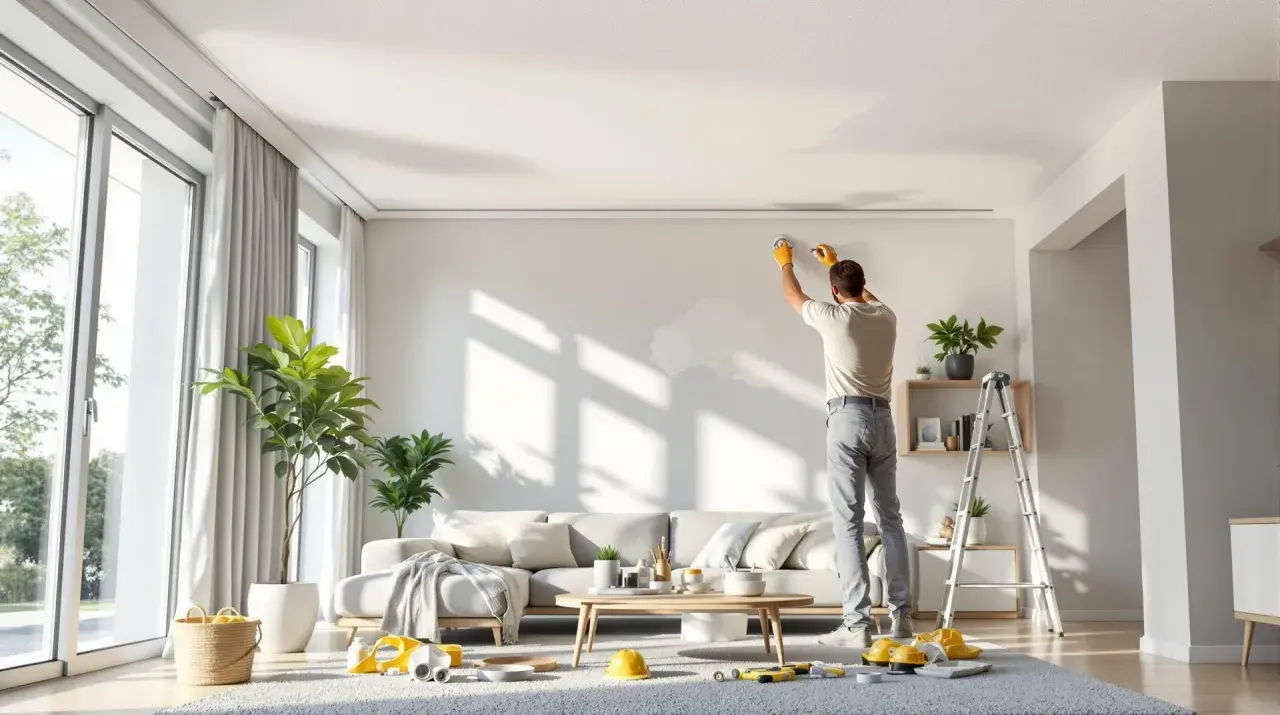 Un homme en gants jaunes s'apprête à refaire un plafond dans un salon lumineux. Des outils sont posés au sol.