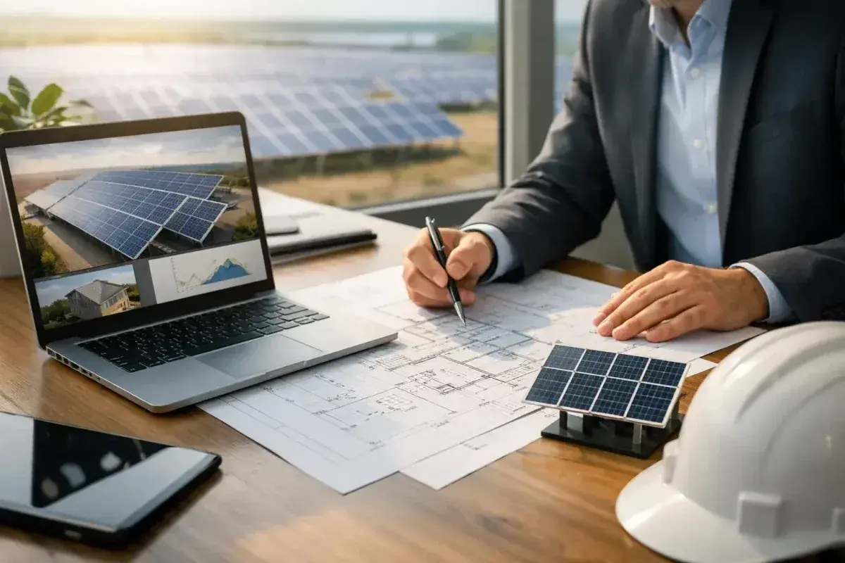 Ingénieur travaillant sur des plans pour un bureau d'étude panneaux photovoltaïques. L'écran de son ordinateur affiche des panneaux solaires et des graphiques.