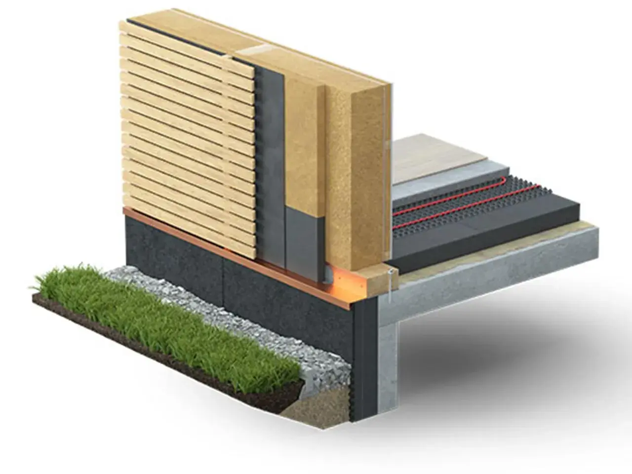 Coupe d'un mur et d'un sol isolés, montrant des couches de bois, de gravier, de mousse de verre et de béton.