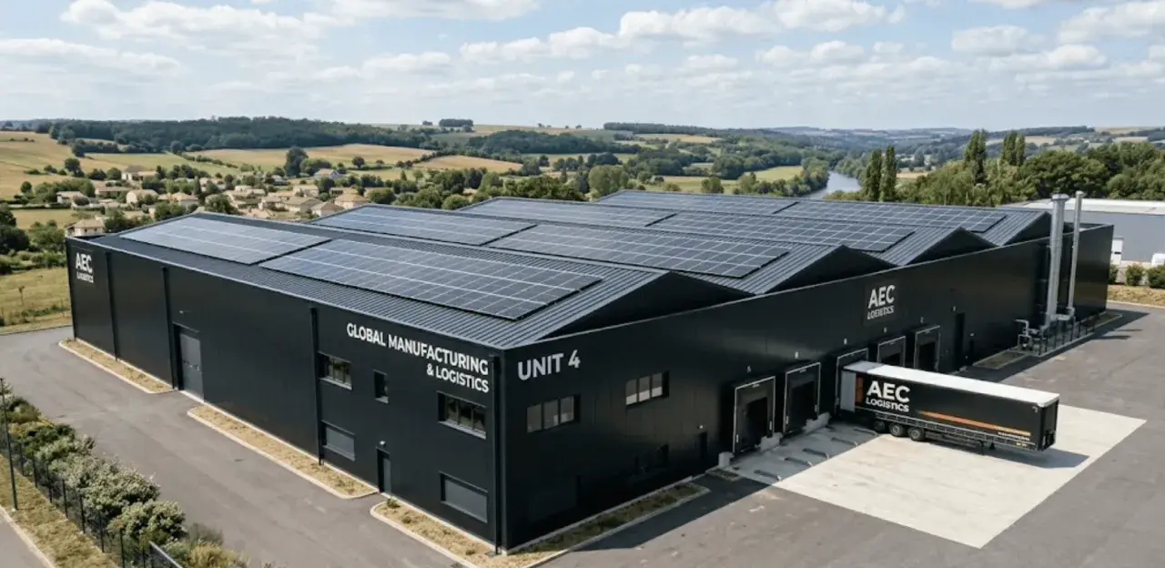 Bâtiment industriel noir avec panneaux solaires sur le toit, portant l'inscription "GLOBAL MANUFACTURING & LOGISTICS UNIT 4". Un camion AEC LOGISTICS est garé à quai.