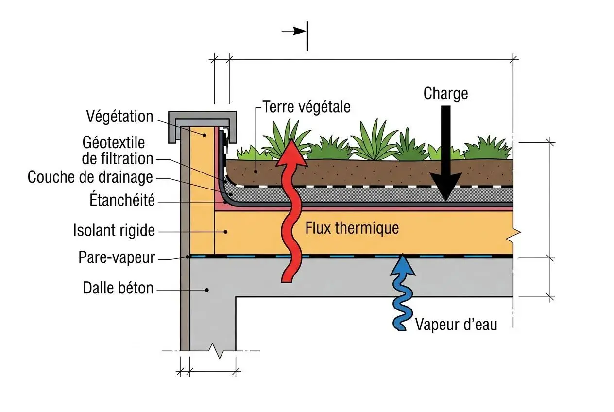 Coupe d'une toiture chaude végétalisée : terre, végétation, drainage, étanchéité, isolant rigide et dalle béton. Flux thermique et vapeur d'eau indiqués.