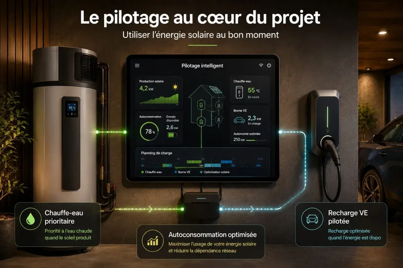 Système de **box gestion énergie solaire** intelligent : chauffe-eau prioritaire, recharge VE optimisée et autoconsommation maximisée.