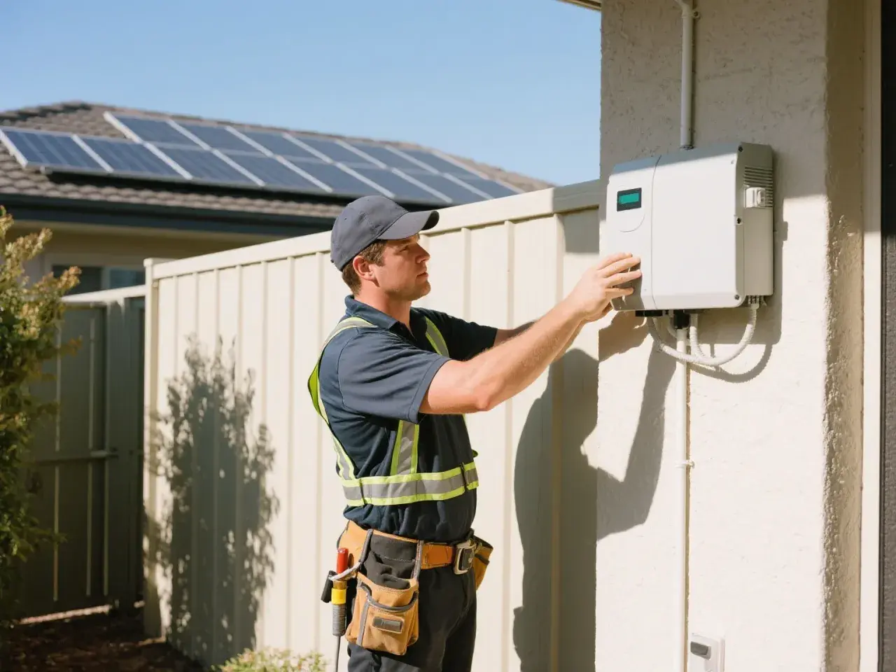 Un technicien ajuste un local onduleur sur un mur extérieur, avec des panneaux solaires visibles sur le toit en arrière-plan.