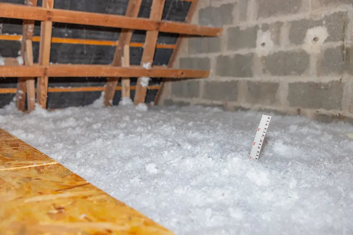 Gros plan sur l'isolation des combles perdus, une épaisse couche de ouate de cellulose recouvre le sol. Une règle mesure l'épaisseur.