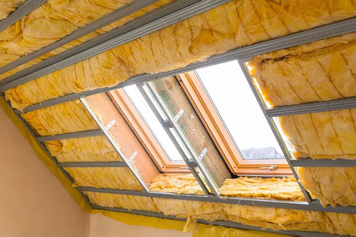Isolation des combles aménageables avec laine de verre jaune sous une structure métallique. Des fenêtres de toit laissent passer la lumière.