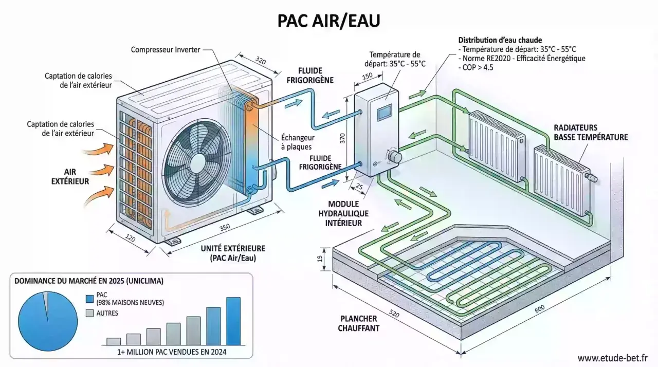 Schéma d'une formation pompe à chaleur air/eau montrant l'unité extérieure, le module intérieur, les radiateurs et le plancher chauffant.