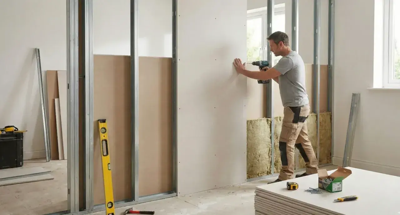Un homme fixe une plaque de placo sur une ossature métallique. Le schéma de cloison placo est en cours de construction, avec de l'isolant visible.