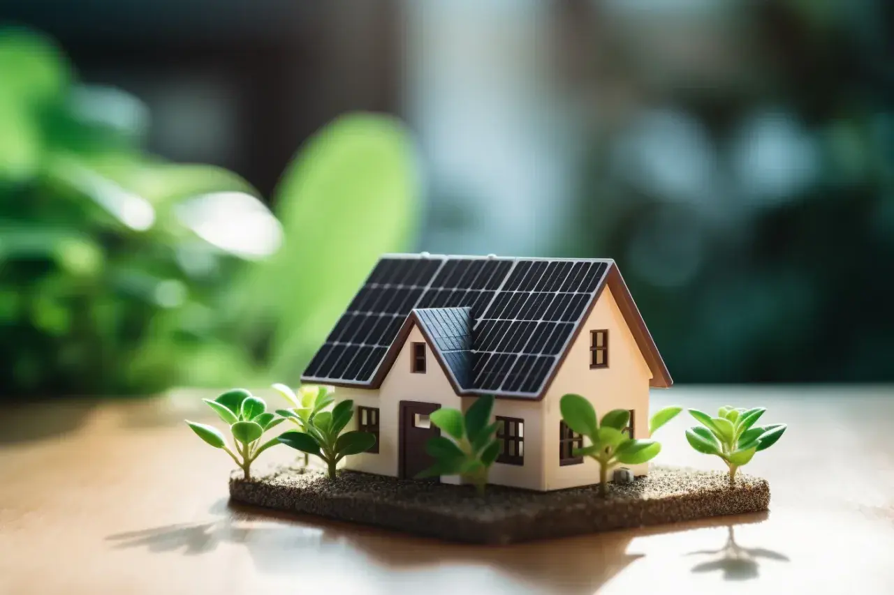 Modèle de bâtiment photovoltaïque avec des panneaux solaires sur le toit, entouré de verdure.