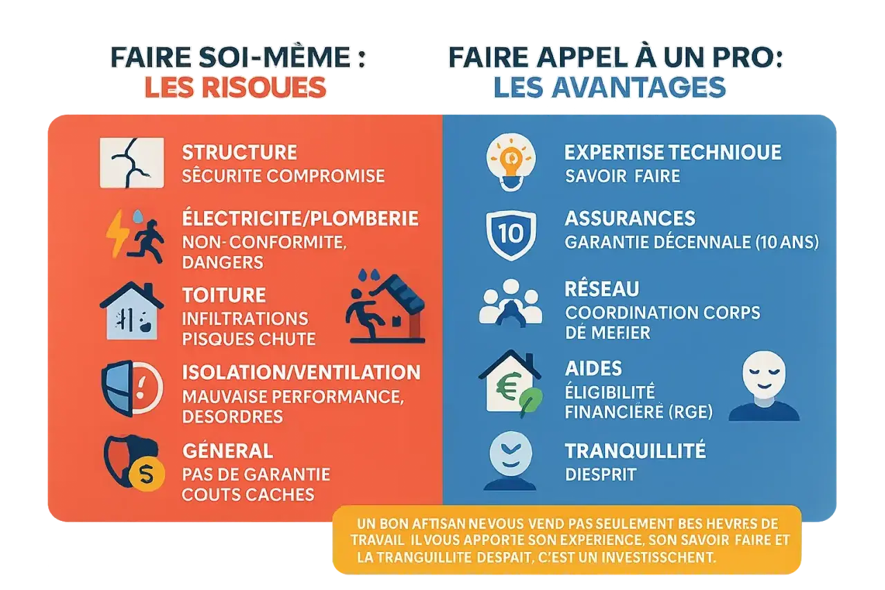 Comparaison des risques du bricolage et des avantages de faire appel à un professionnel pour un ordre travaux rénovation.