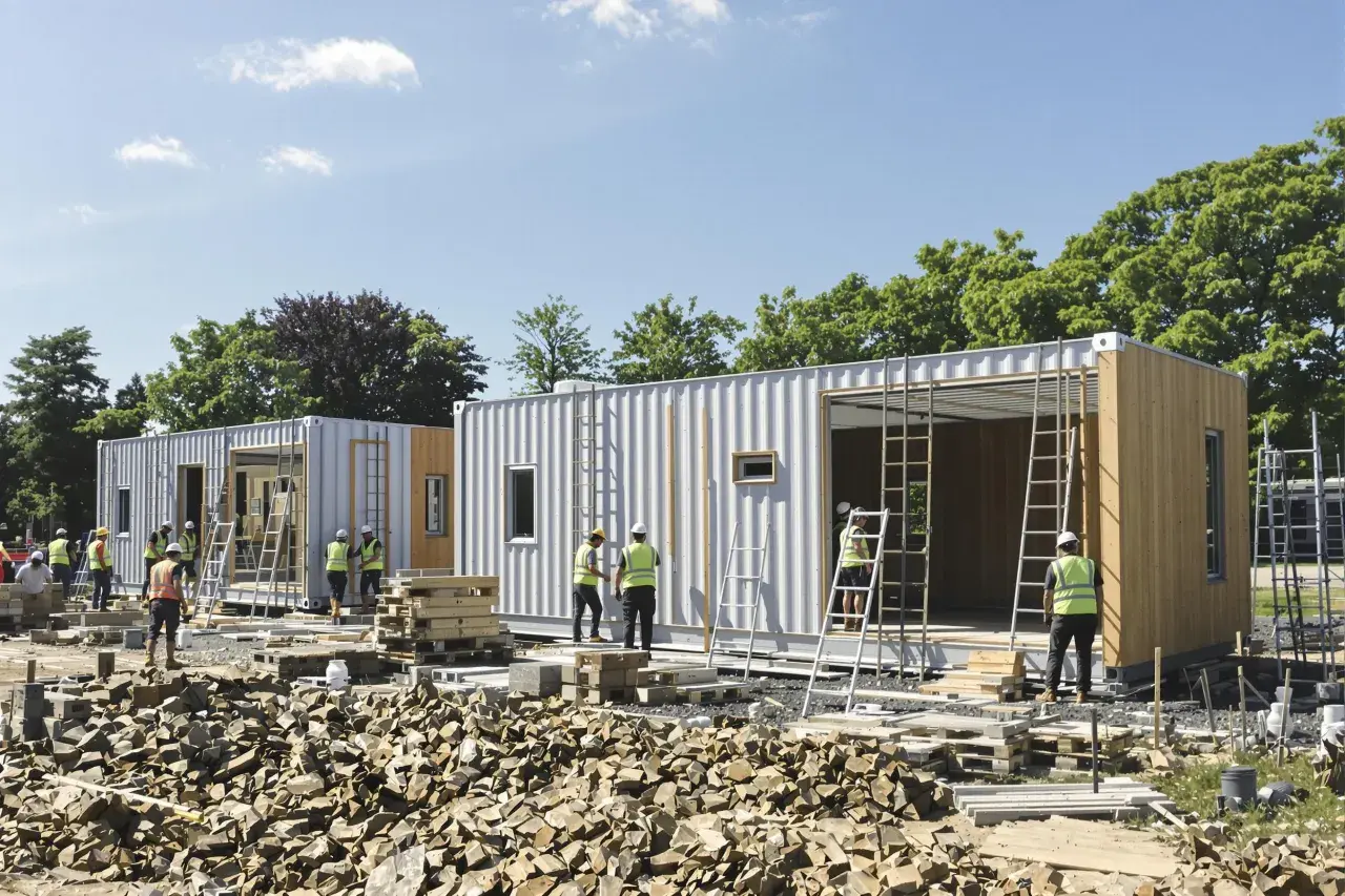 Chantiers de construction d'une maison container. Des ouvriers en gilets de sécurité travaillent sur des modules préfabriqués.