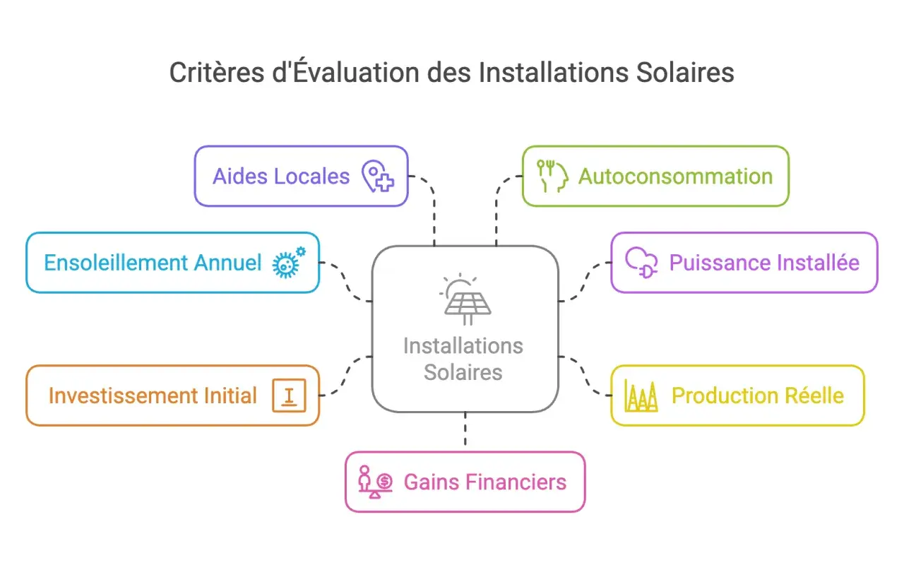 Schéma des critères d'évaluation des installations solaires, incluant l'autoconsommation, la puissance installée, la production réelle, les gains financiers, l'investissement initial, l'ensoleillement annuel et les aides locales pour évaluer la **panne...
