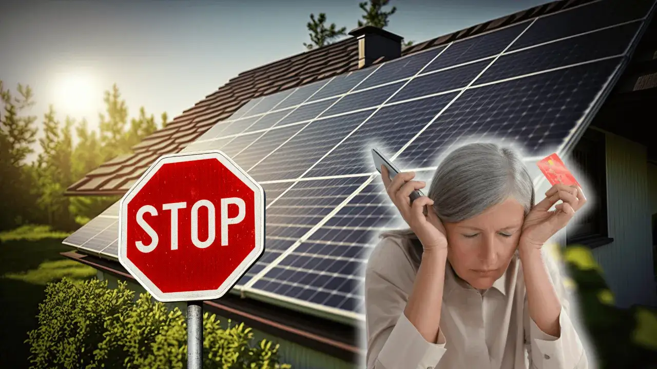 Panneaux solaires sur un toit, panneau STOP et femme stressée avec carte bancaire. Attention à l'arnaque panneaux solaires.