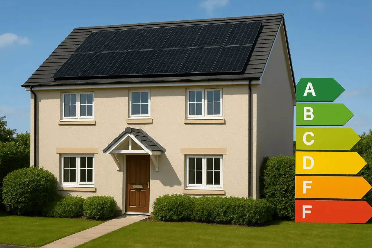 Maison moderne avec panneaux photovolta&iuml;ques sur le toit, id&eacute;ale pour la vente. Classe &eacute;nerg&eacute;tique A.