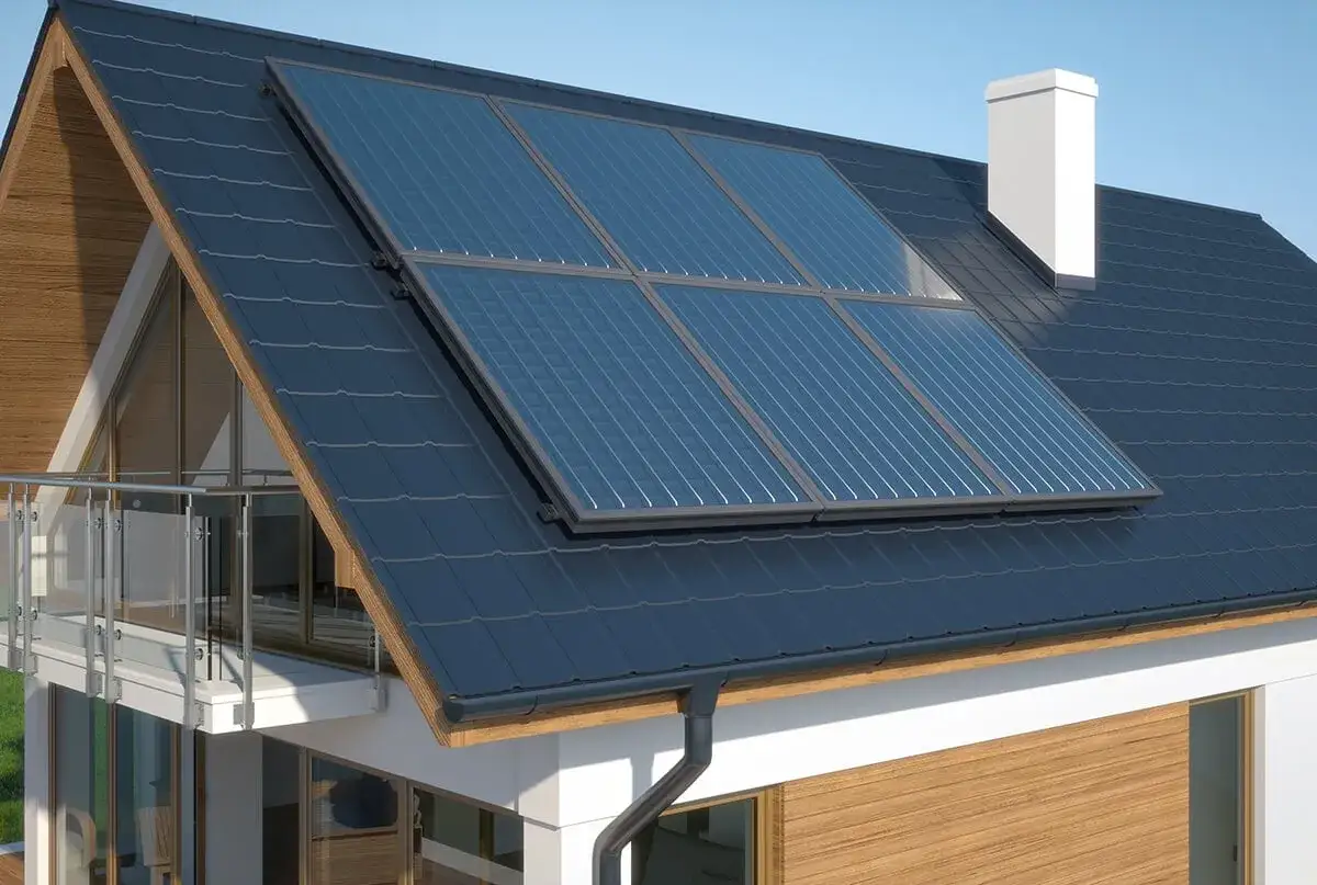 Panneaux solaires sur un toit sombre, une chemin&eacute;e blanche et un balcon vitr&eacute;. Id&eacute;al pour optimiser le tarif rachat &eacute;lectricit&eacute;.