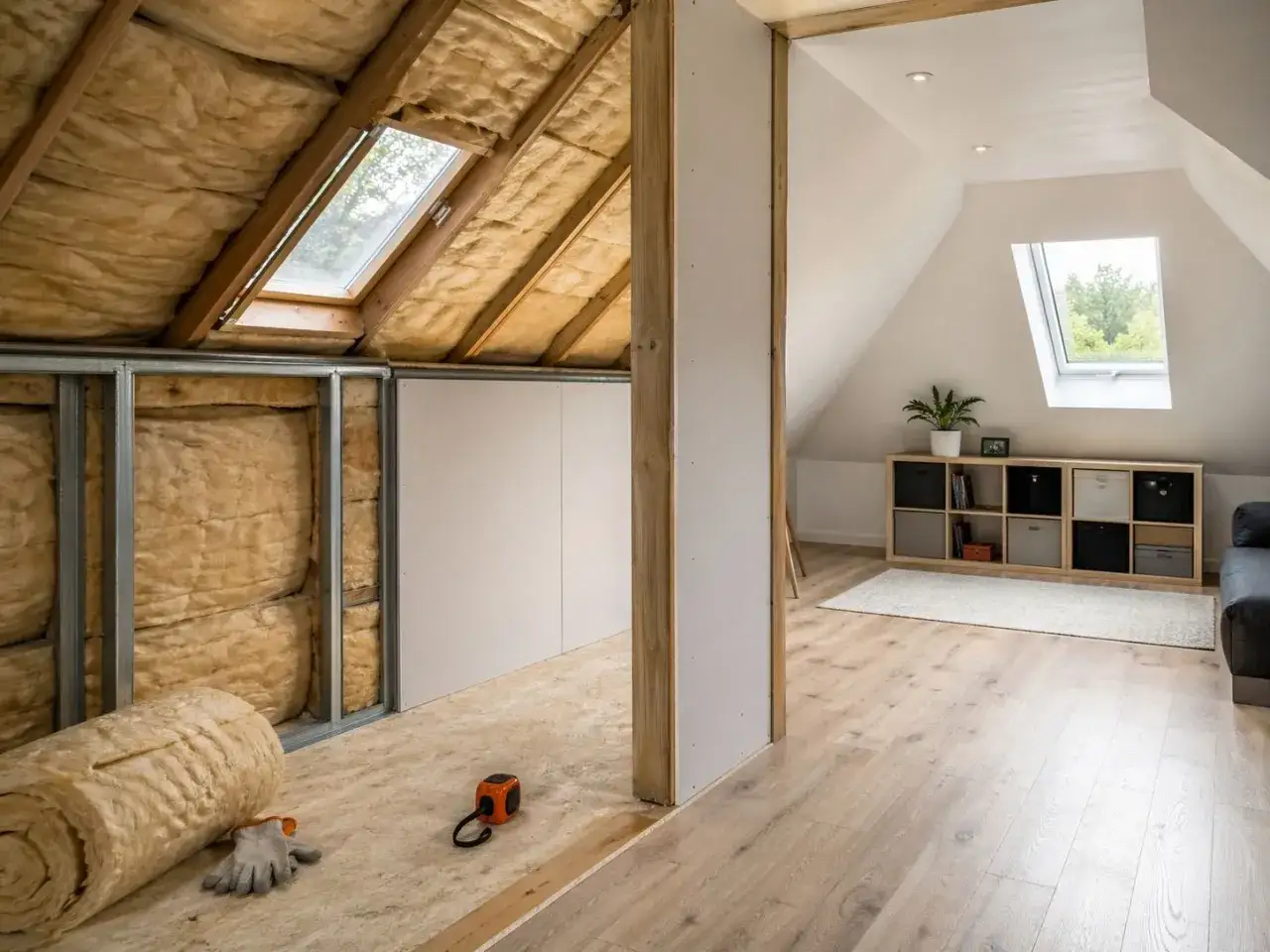 Aménagement de combles : isolation en cours, structure métallique, rouleau d'isolant et outils. Une partie est déjà aménagée avec parquet et étagères.