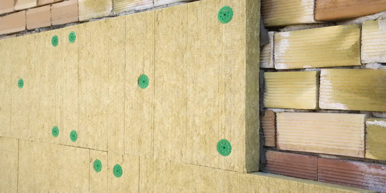 Panneau de laine de bois soufflée fixé sur un mur de briques. Des fixations vertes maintiennent l'isolant en place.