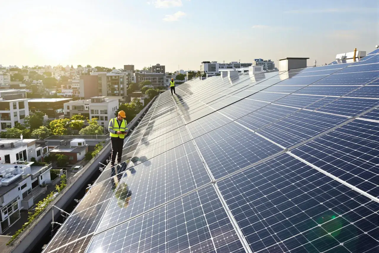 Deux techniciens évaluent le potentiel solaire d'une toiture, installant des panneaux photovoltaïques sur un toit urbain.