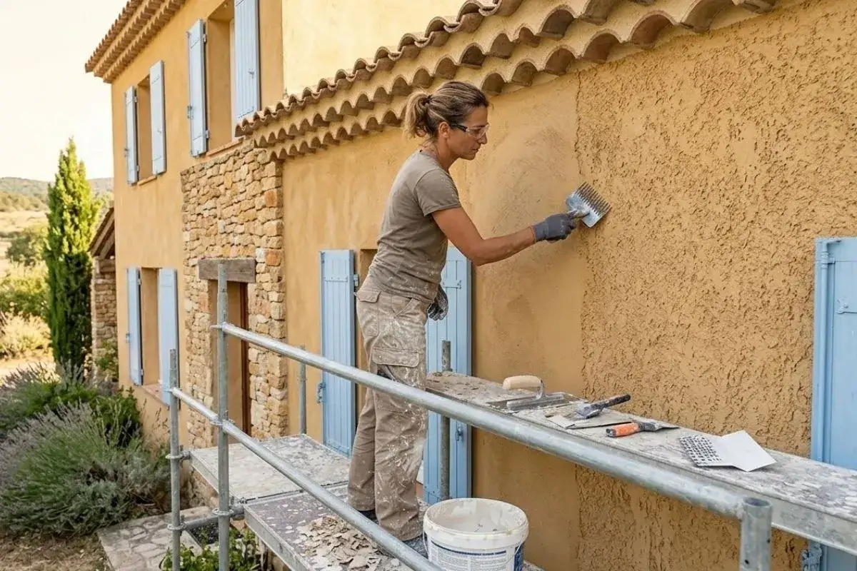Artisan appliquant un enduit texturé sur un mur extérieur. Estimation du prix pour enduire un mur extérieur.
