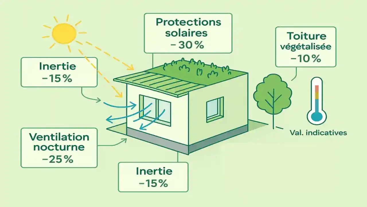 Schéma illustrant les bénéfices thermiques d'une maison RT 2020 : protections solaires, toiture végétalisée, inertie et ventilation nocturne réduisent la chaleur.