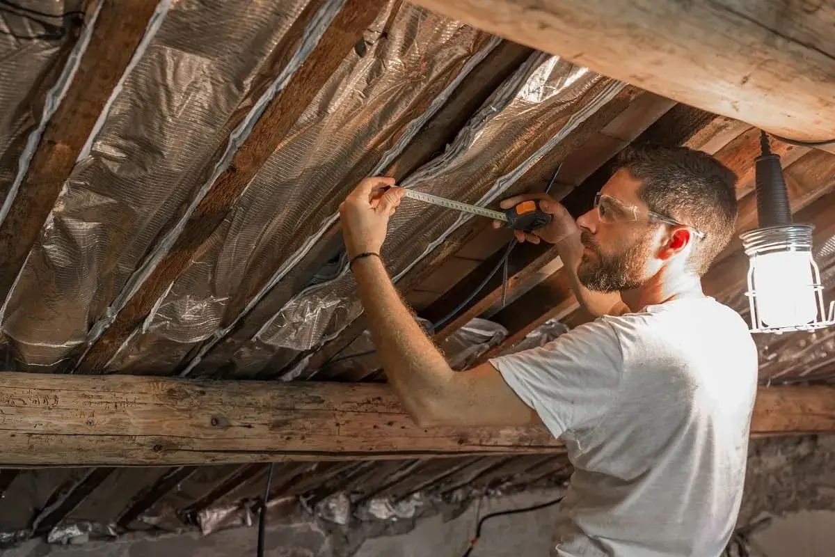 Un homme mesure l'isolation multicouche sous les combles en bois.