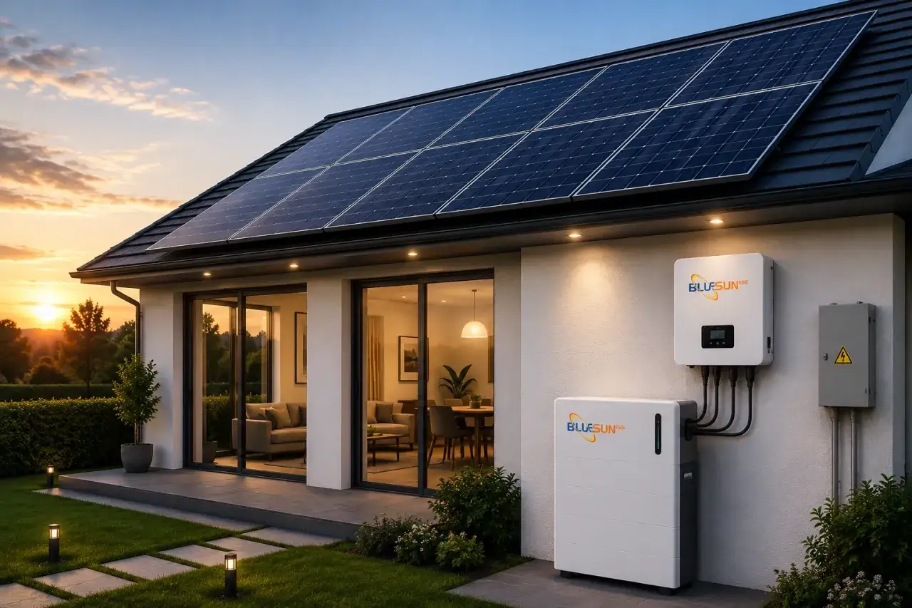 Maison moderne avec panneaux solaires sur le toit, optimisant le rendement pour une énergie durable. Une batterie et un onduleur sont fixés au mur.