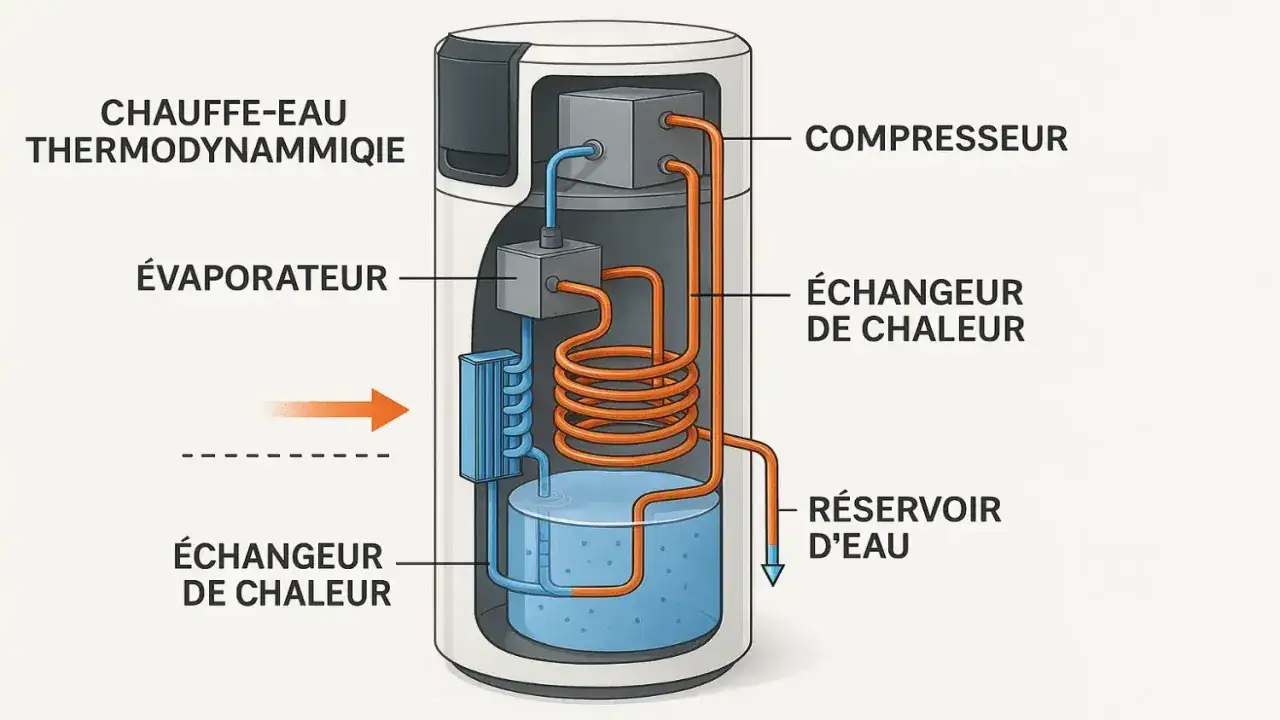 Sch&eacute;ma d'un chauffe-eau thermodynamique montrant le compresseur, l'&eacute;vaporateur et les &eacute;changeurs de chaleur. Le bruit de fonctionnement est minime.