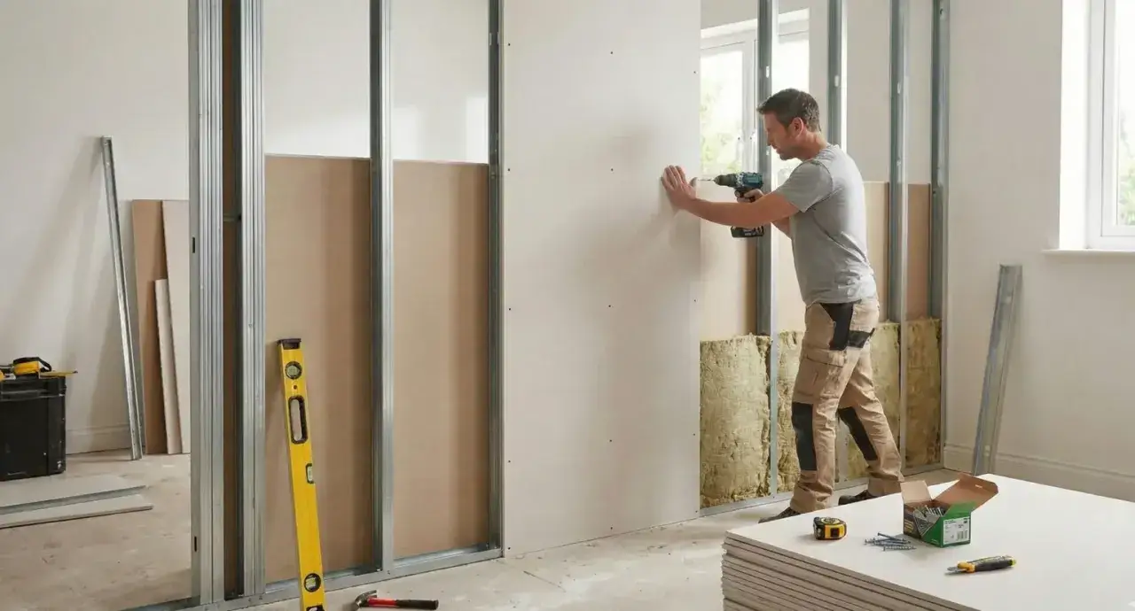 Un homme visse une plaque de placo sur une ossature métallique. Le schéma de cloison placo est en cours de construction, avec de l'isolant visible.