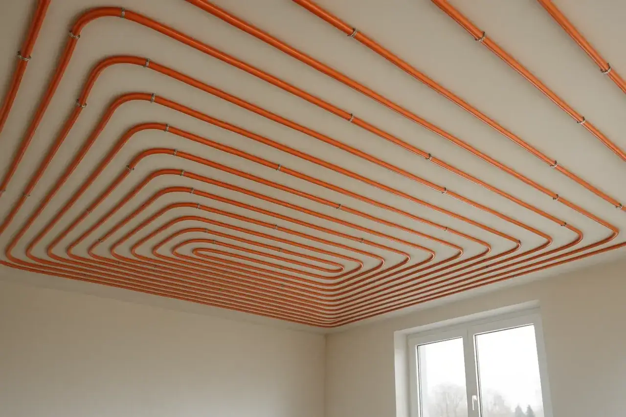 Syst&egrave;me de chauffage par plafond rayonnant avec tuyaux orange formant un motif en spirale.