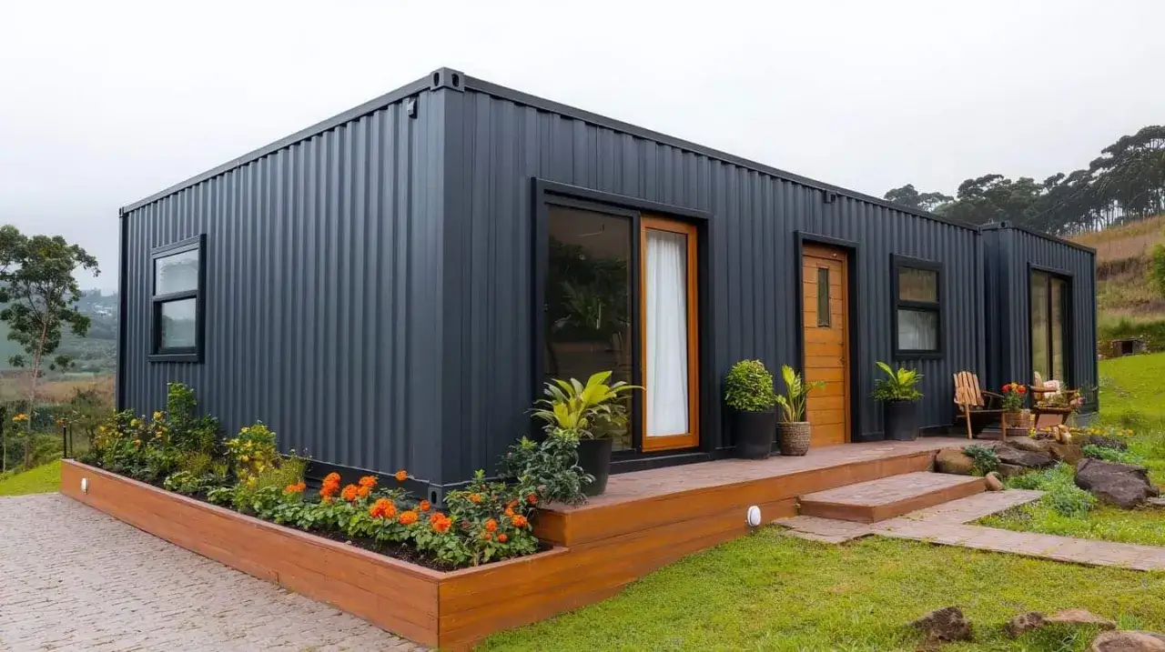 Une maison container moderne, nich&eacute;e dans un paysage verdoyant, avec une terrasse en bois et un parterre de fleurs &eacute;clatantes.