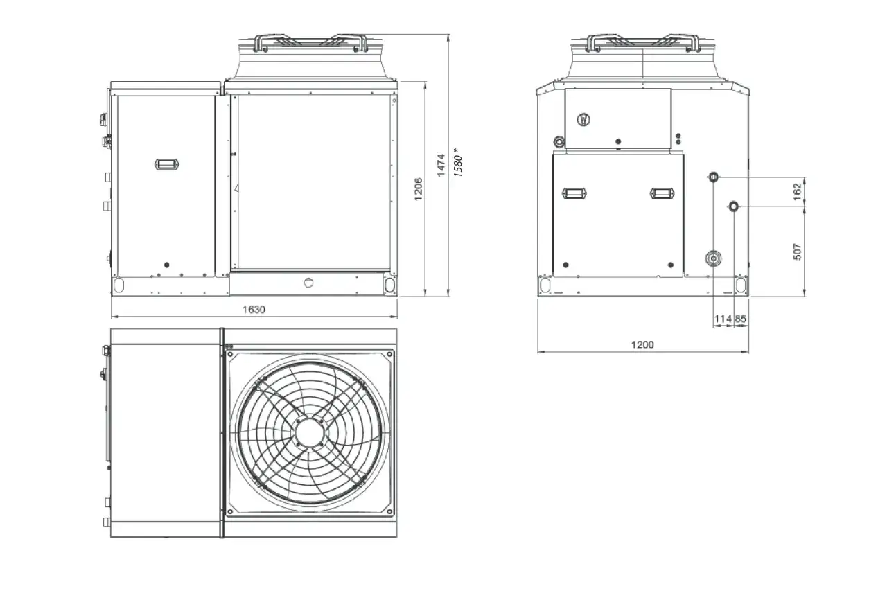 Schéma technique d'une pompe à chaleur. Dimensions indiquées pour estimer la puissance pompe à chaleur pour 200m2.