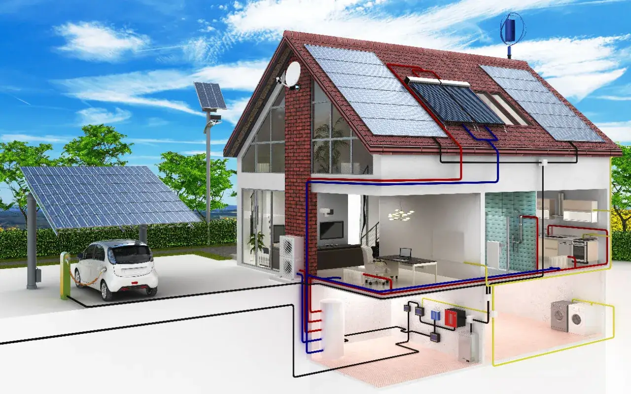 Maison passive avec panneaux solaires, voiture électrique, système de chauffage et de refroidissement. Le prix d'une maison passive est un investissement rentable.