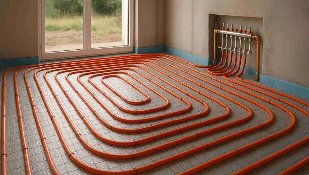 Système de chauffage au sol, une solution de chauffage économique et confortable. Les tuyaux orange serpentent sur le sol avant d'être recouverts.