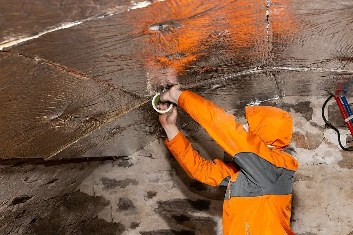 Un homme en orange pose une isolation r&eacute;fl&eacute;chissante au plafond d'une pi&egrave;ce en pierre, transformant l'espace en une isolation cave confortable.