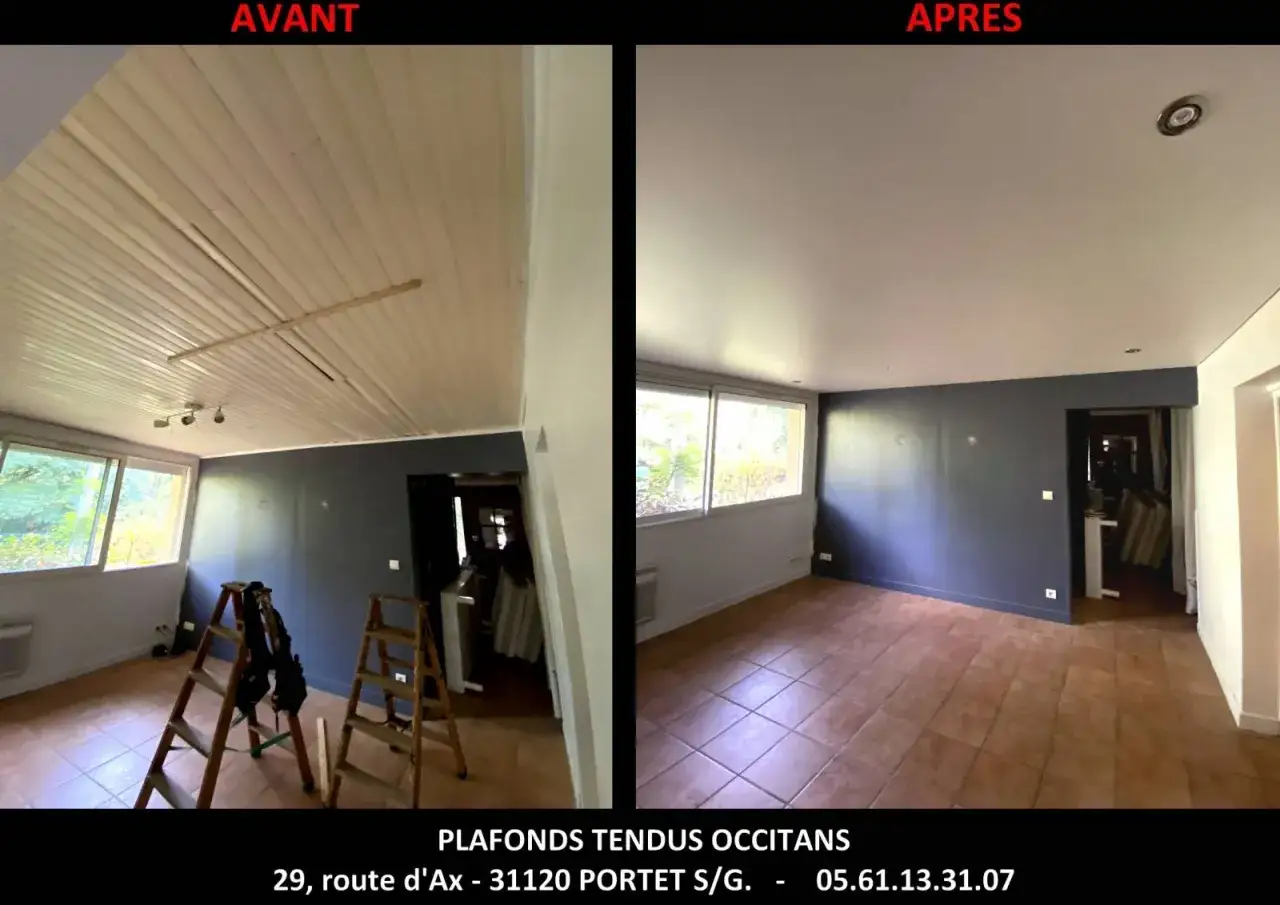 Avant/Après : transformation d'un vieux lambris en un plafond tendu lisse et moderne. Un vrai plaisir de refaire un plafond !