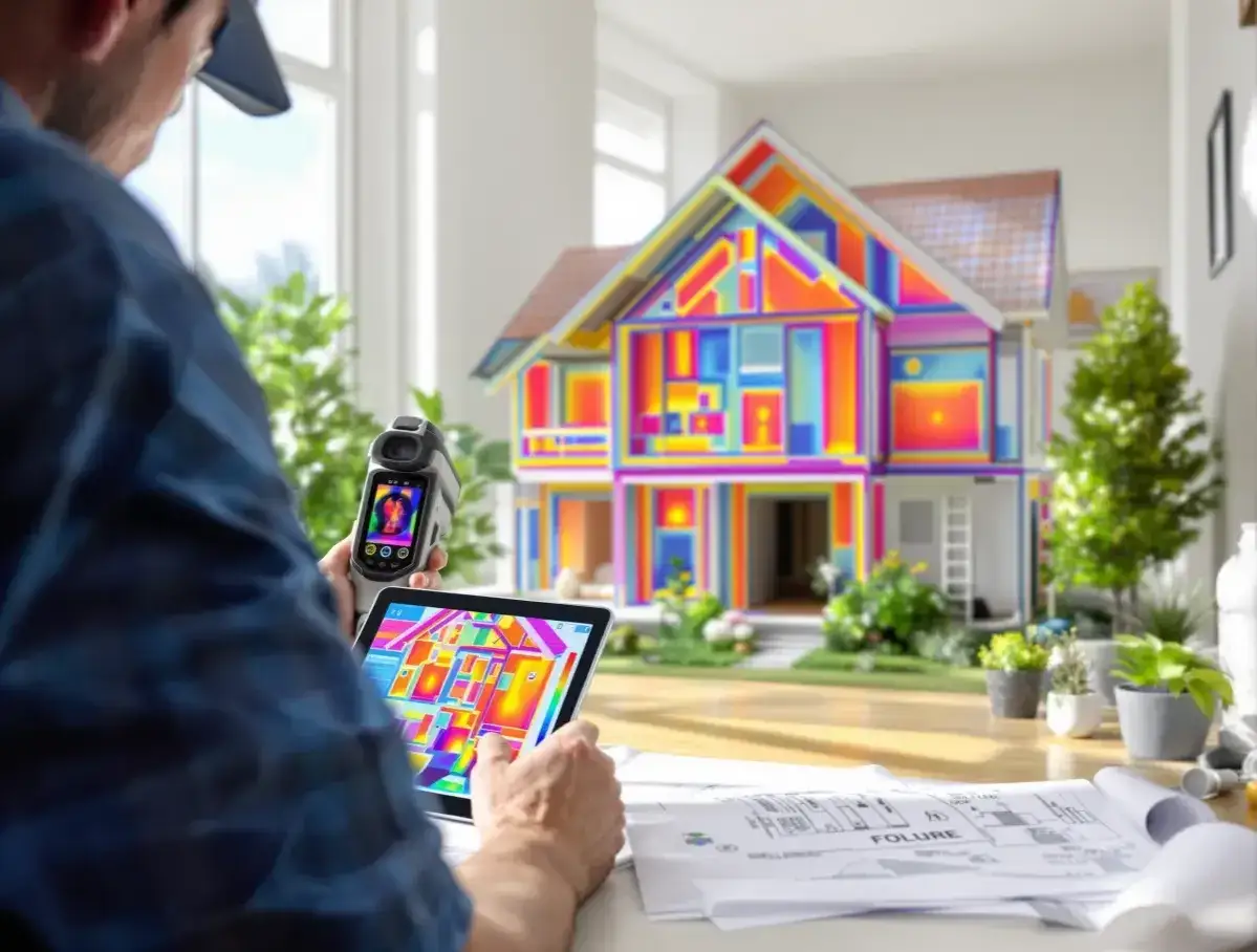 Un expert utilise une caméra thermique et une tablette pour analyser les déperditions de chaleur d'une maquette de maison colorée, illustrant l'accompagnement à la transition énergétique.