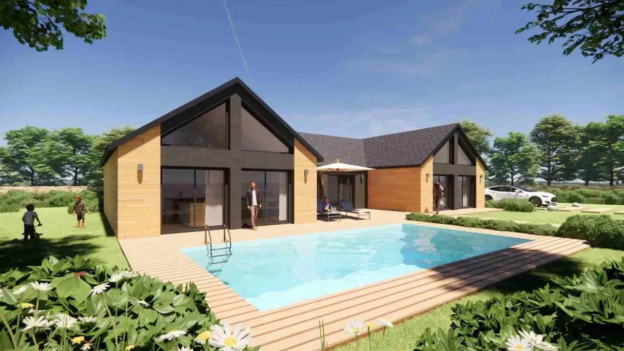 Une maison autonome moderne avec piscine, terrasse en bois et jardin verdoyant. Une voiture électrique est garée à proximité.