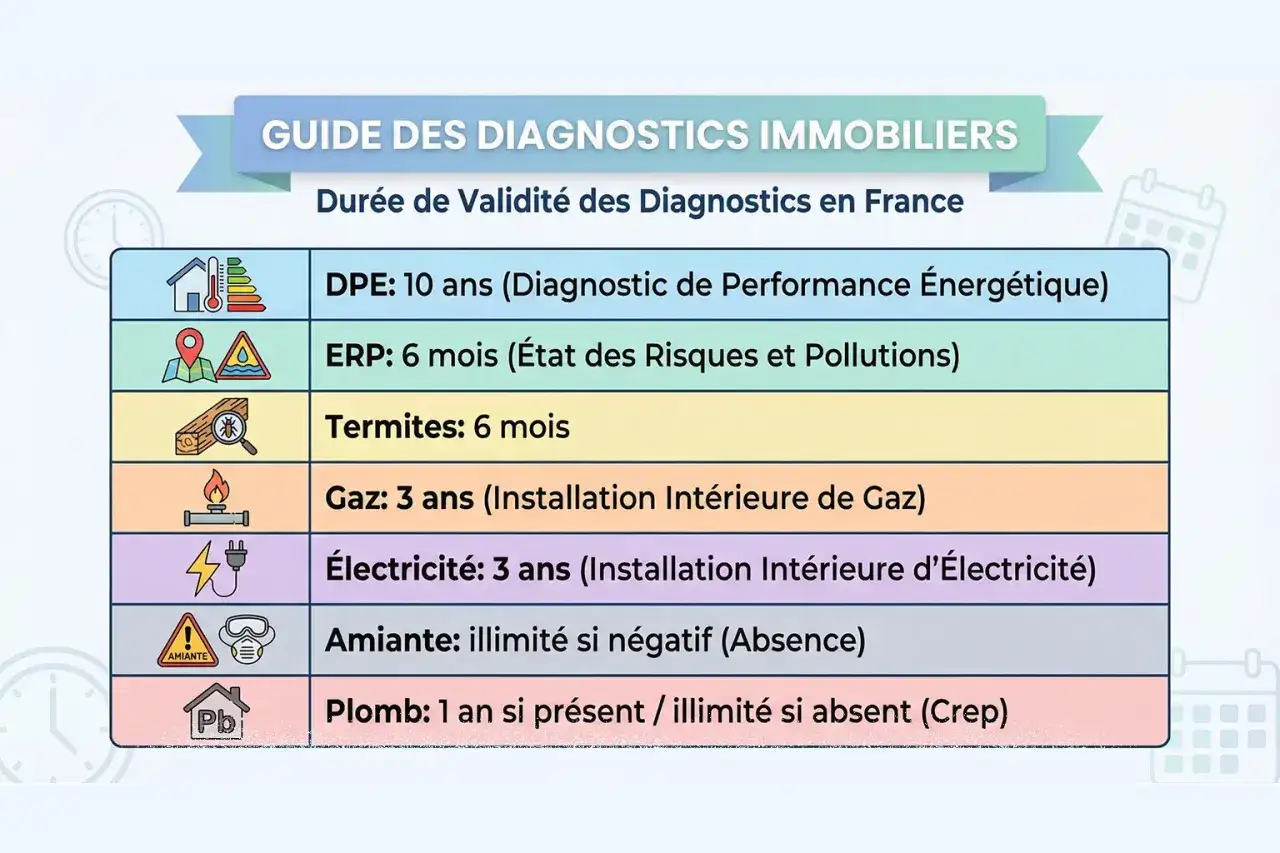 Guide des diagnostics immobiliers : DPE (Diagnostic de Performance &Eacute;nerg&eacute;tique) 10 ans, ERP 6 mois, termites 6 mois, gaz/&eacute;lectricit&eacute; 3 ans, amiante illimit&eacute;, plomb 1 an.