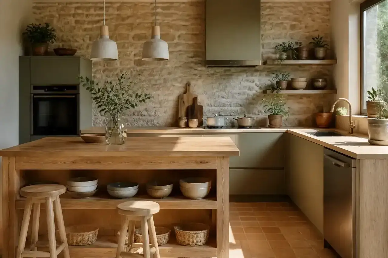 Cuisine rustique avec îlot en bois, murs en pierre et éléments verts. Parfait pour une rénovation maison réussie.