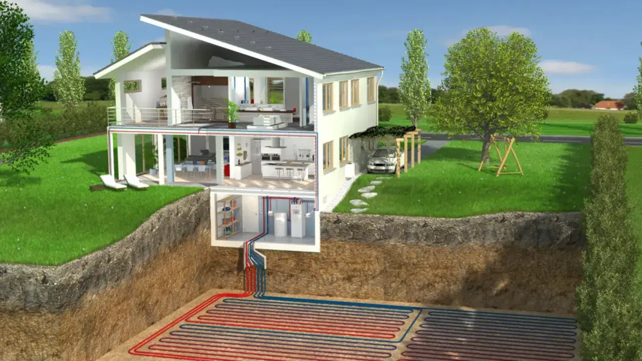 Maison moderne avec système de chauffage géothermique. Le prix d'une pompe à chaleur géothermique est un investissement pour un confort durable.